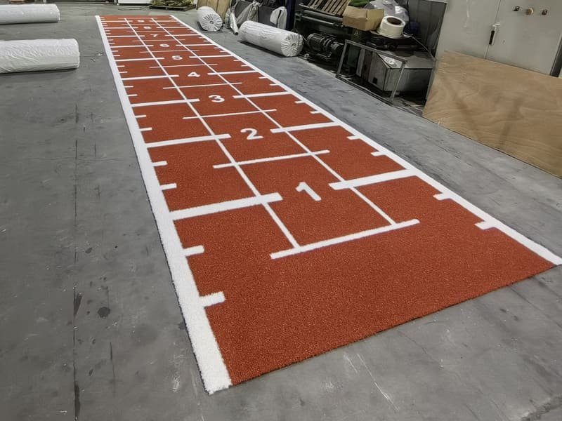 Manufacturing process showing white yarn being tufted directly into gym turf backing for permanent inlaid markings